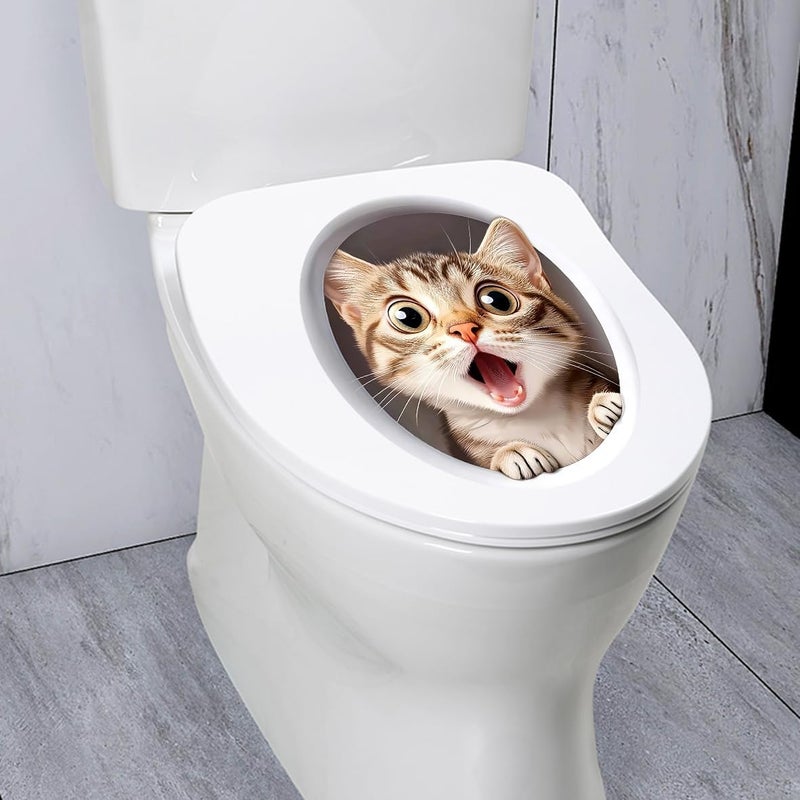 Iprokiu Cute Animal Toilet Sticker Waterproof 3D Funny Dog Cracking Toilet Seat Lid Decal Bathroom Wall Sticker Squirrel Toilet Lid Decal Home Decoration (Lovely Cat) - Image 2